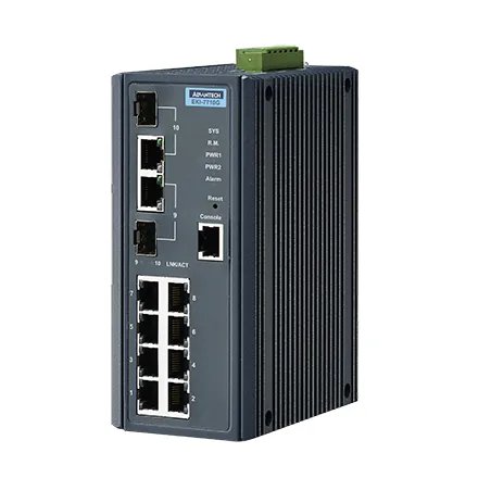Switch công nghiệp Advantech EKI-7710G-2CI vỏ kim loại xám gắn thanh DIN, 8 cổng RJ45 và 2 cổng combo SFP