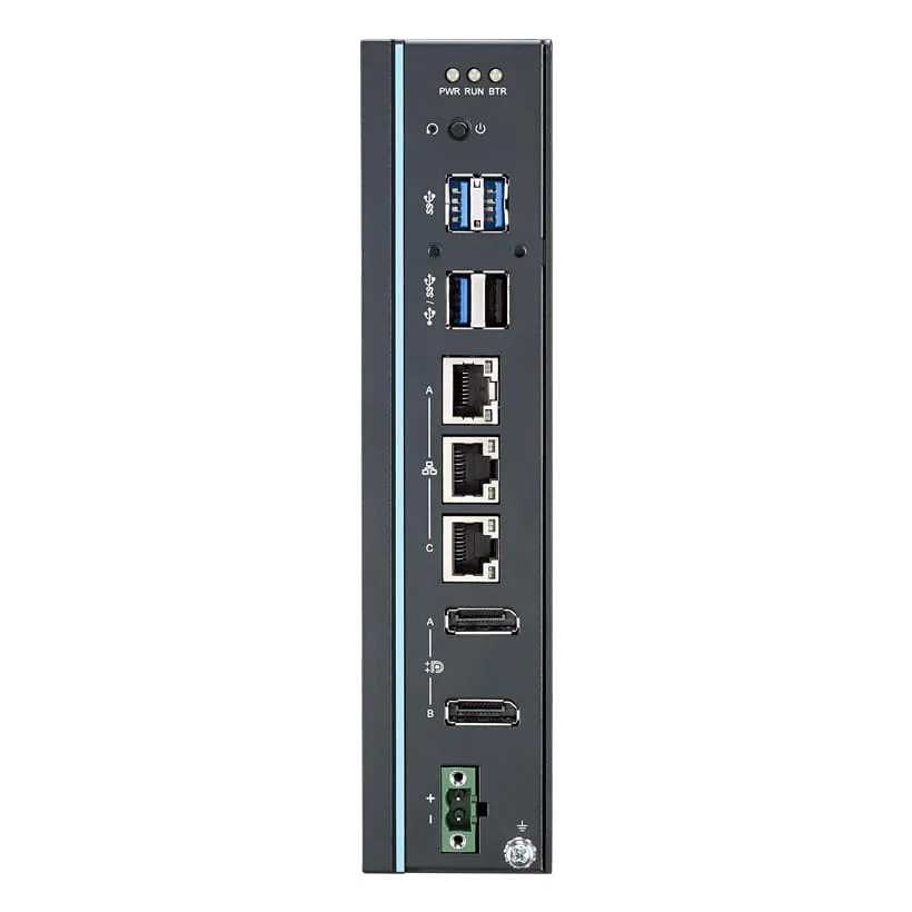 Máy tính công nghiệp Advantech UNO-148 vỏ đen gắn thanh DIN nhìn chính diện, 3 cổng LAN và 2 cổng DisplayPort