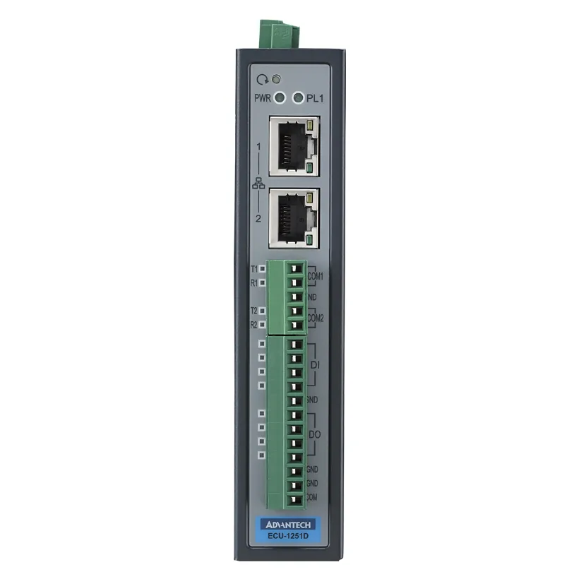 Mặt trước gateway Advantech ECU-1251D: đèn nguồn, 2 cổng RJ45, cầu đấu COM1, COM2, DI và DO