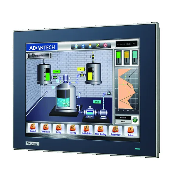 Màn hình cảm ứng công nghiệp Advantech TPC-1251T 12,1 inch, viền nhôm đúc, đang hiển thị màn hình giám sát bồn chứa