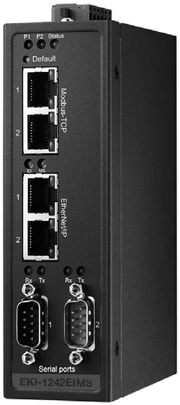 Gateway Advantech EKI-1242 series với bốn cổng RJ45 chia hai nhóm Modbus TCP và Ethernet công nghiệp, hai cổng serial DB9 ở dưới