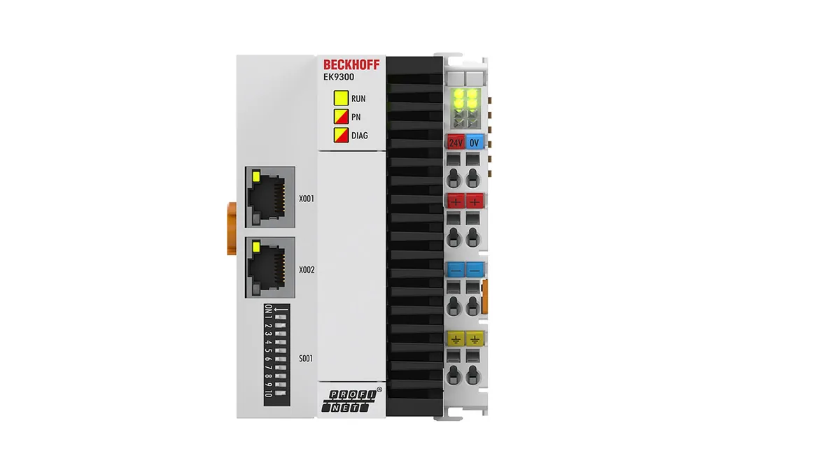 Bộ ghép nối bus Beckhoff EK9300 vỏ xám trắng, hai cổng RJ45 X001 X002, công tắc DIP và logo PROFINET