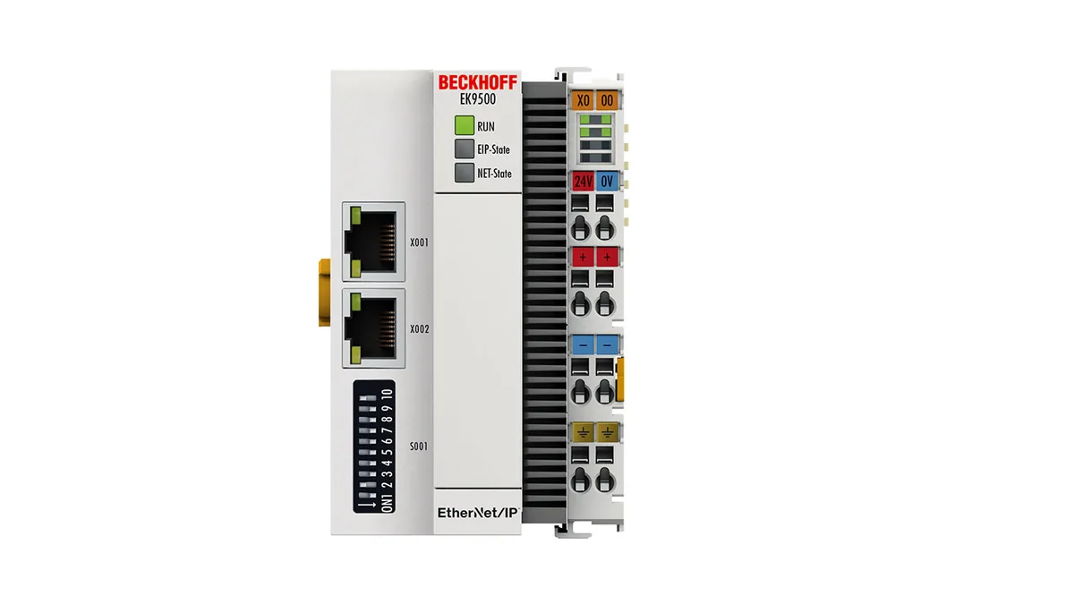 Bộ ghép nối bus Beckhoff EK9500 cho mạng EtherNet/IP, vỏ xám trắng, hai cổng RJ45 và cầu đấu nguồn 24 V