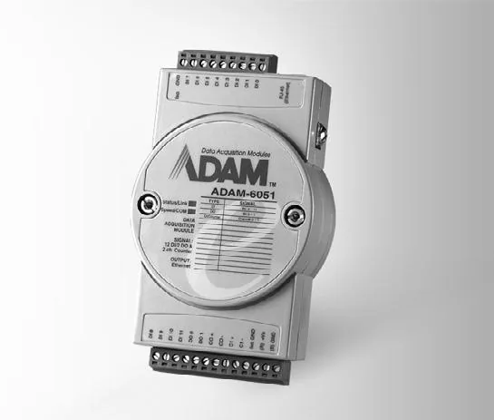 Mô-đun I/O Ethernet Advantech ADAM-6051 vỏ nhựa xám, hai hàng cầu đấu phía trên và dưới, cổng RJ-45 bên hông
