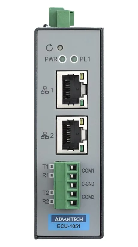 Gateway truyền thông công nghiệp Advantech ECU-1051 gắn ray DIN, hai cổng RJ-45 và cầu đấu hai cổng COM phía trước